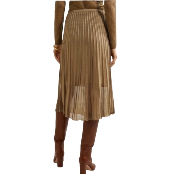VINCE Pleated Gold Bronze Metallic Crochet Knit Midi Skirt Lined Size M - Picture 4 of 16